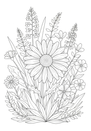 A charming garden scene featuring a large, blooming daisy with delicate petals and a textured center, set amidst lush foliage and additional flowers