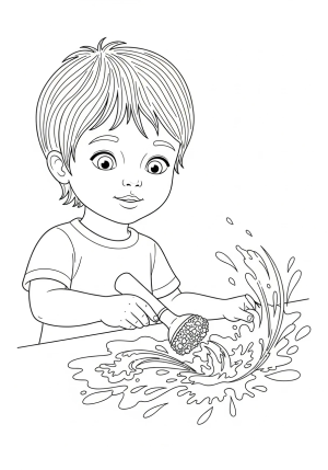 A whimsical scene of a child using a dauber to create a vibrant abstract design with splashes and swirls
