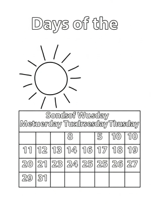 A cheerful scene featuring the sun shining brightly over a calendar with the days of the week, perfect for a Days of the Week coloring page.