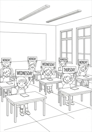 A cute classroom setting with children holding signs of the days of the week, ready for coloring.