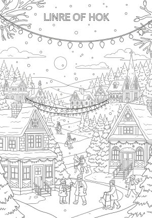 An intricate winter landscape with snowflakes falling over a peaceful village scene adorned with holiday lights and cheerful figures.