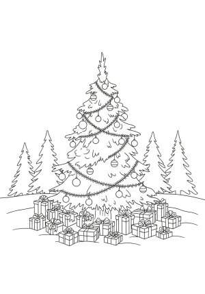 A festive winter scene featuring a decorated pine tree surrounded by presents and snow-covered ground.