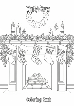 A cheerful holiday fireplace mantel adorned with stockings, candles, and evergreen garlands.