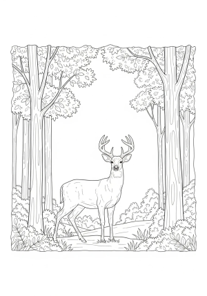 A majestic deer standing gracefully in a peaceful forest clearing with tall trees and detailed foliage in the background