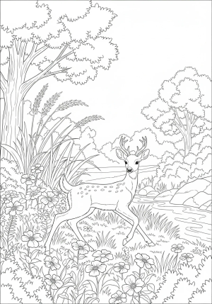 A playful young deer frolicking amid wildflowers and tall grasses near a gentle stream, surrounded by a lush woodland setting
