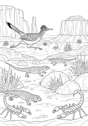 An intricate scene of desert animals like a roadrunner, lizards, and scorpions amidst rocky formations and sparse vegetation