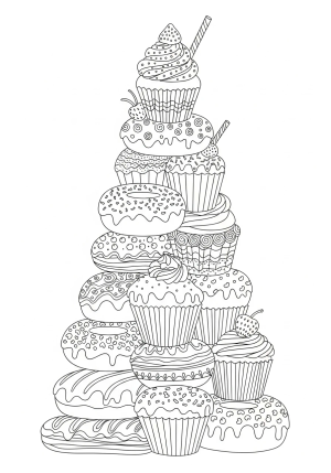 A delightful scene featuring a towering stack of various desserts including cupcakes, donuts, and éclairs, with intricate patterns and decorative details