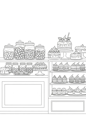 A whimsical scene of a dessert bakery counter filled with jars of candies, a cake display with elaborate frosting, and sweet treats arranged artistically
