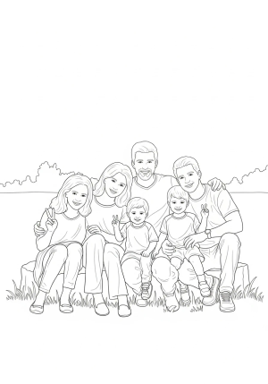A detailed illustration of a family gathered together outdoors, expressing love and unity, with a focus on warmth and connection, in a line art style.