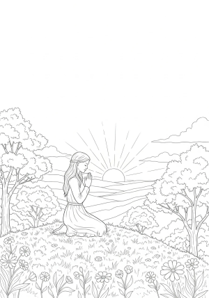An image depicting a person kneeling in prayer on a hilltop at sunset, surrounded by nature, with a calm and reverent atmosphere in a black-and-white line drawing style.