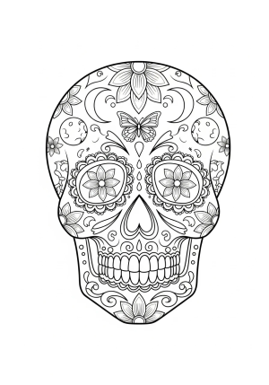 An ornate sugar skull adorned with elaborate lace-like designs, with traditional Mexican motifs such as cempasúchil blossoms, butterflies, and moon shapes