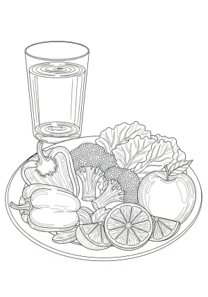 A detailed illustration of a healthy meal plate featuring vegetables, fruits, and a glass of water, emphasizing balanced nutrition for managing diabetes