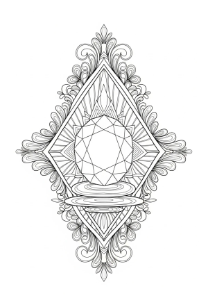 An elegant gemstone with multiple facets reflected in a symmetrical, ornate diamond shape, surrounded by decorative embellishments.