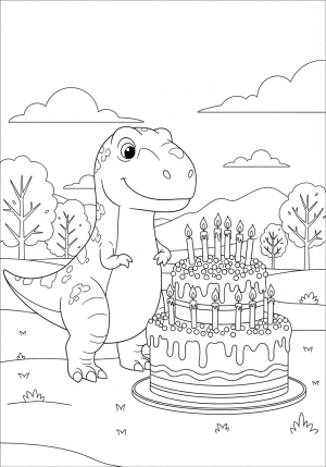 A friendly T-Rex standing next to a large cake decorated with sprinkles and candles, with trees and clouds in the background