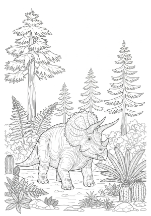 A detailed illustration of a Triceratops standing peacefully in a prehistoric forest, with lush plants and trees surrounding it