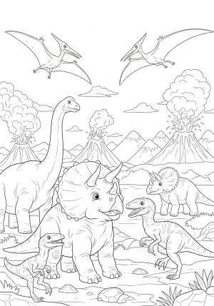 A playful scene of a Triceratops interacting with other dinosaurs in a prehistoric landscape, featuring volcanoes and distant mountains
