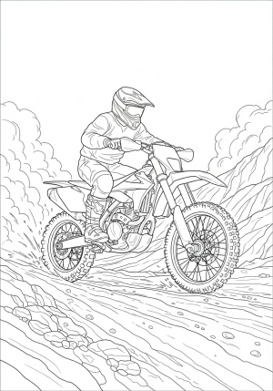 A detailed and dynamic dirt bike crashing through rugged terrain with dust clouds and rocky trails in the background.