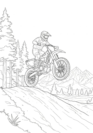 A realistic dirt bike rider performing a jump over a dirt mound with trees and mountains in the distance.