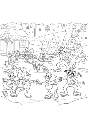 Mickey Mouse and friends ice skating outdoors in a snowy winter scene with festive decorations