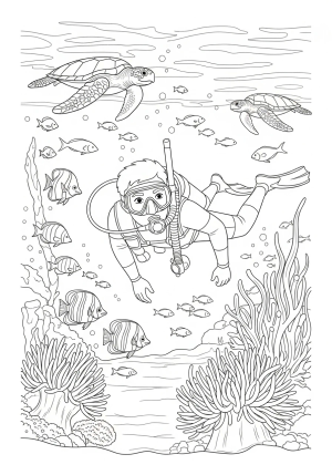An intricate underwater scene featuring a scuba diver exploring a vibrant coral reef teeming with fish, sea turtles, and swaying sea anemones