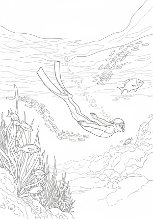 A dynamic scene of a freediver gracefully gliding through clear ocean waters, surrounded by schools of fish and swaying sea plants