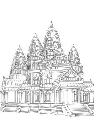 An intricate illustration of a large, ancient temple divided into multiple sections with detailed architectural elements.