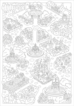 A whimsical scene of a garden divided into different themed sections, each filled with unique plants, fountains, and pathway designs.