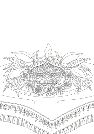 An ornate Diwali diya with detailed patterns, sitting atop a decorated table with mango leaves and marigold flowers in the background