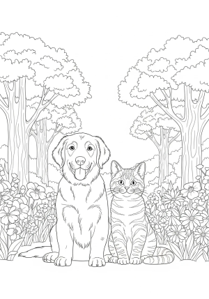 A playful dog and a curious cat sitting together in a garden surrounded by flowers and trees.