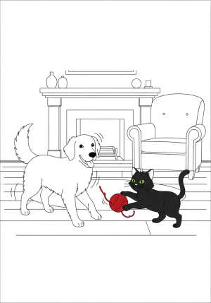 A happy dog and a mischievous cat playing with a ball of yarn inside a cozy living room with a fireplace.