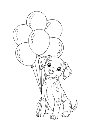 A cute Dalmatian puppy sitting with a bunch of colorful balloons.