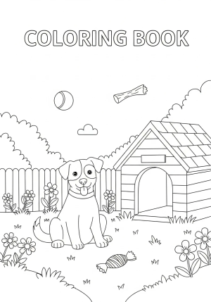 A cheerful dog sitting in a yard surrounded by flowers and a cozy doghouse, with playful elements scattered around.