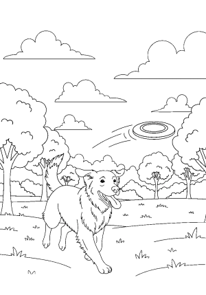 A joyful dog running through a park with trees, clouds, and a frisbee mid-air, capturing a lively outdoor scene.