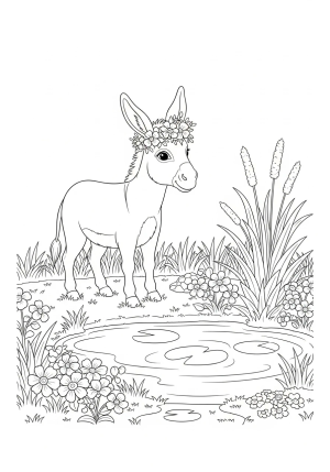 A cheerful donkey wearing a flower crown, standing next to a small pond surrounded by blooming flowers and tall grass.