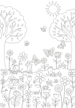 A whimsical scene of a sunny garden with various flowers, trees, and playful insects in a dotted line style.