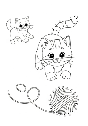 A playful kitten chasing a ball of yarn with numbered dots to connect.