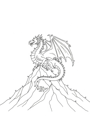 A majestic dragon perched on a mountain peak with numbered dots to form its outline.