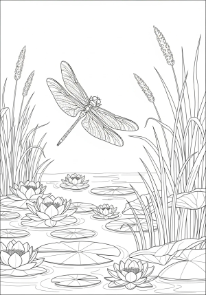A graceful dragonfly with outstretched wings gliding over a serene pond filled with water lilies and tall grasses.