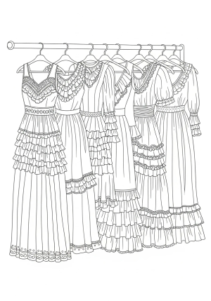 A variety of whimsical and stylish dresses hanging on a vintage clothing rack, with detailed lace and ruffle embellishments.