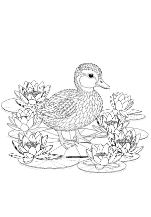 A cute duckling sitting on a lily pad surrounded by blooming water lilies with detailed feather patterns