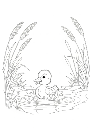 A playful duckling splashing in a small pond, with ripples and reeds framing the scene