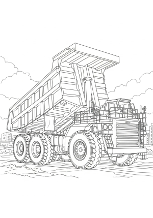 A detailed outline of a large dump truck with its bed raised, parked on a construction site with buildings in the background