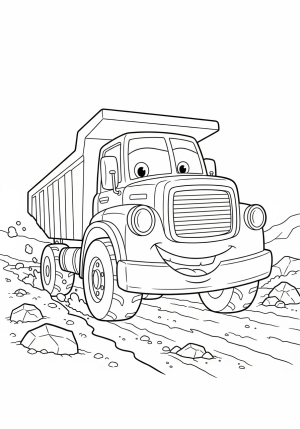 A friendly cartoon-style dump truck smiling as it drives through a dirt path filled with rocks and small piles of soil