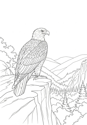 An eagle perched on a rocky cliff overlooking a forested valley, with detailed feathers and a sharp-eyed gaze revealing its vigilance.