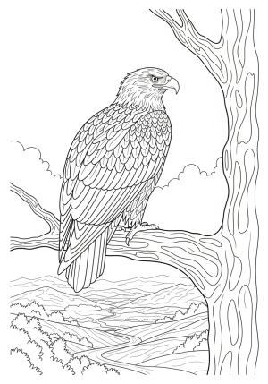 An eagle perched on a large tree branch overlooking a scenic landscape with intricate feather patterns and piercing eyes