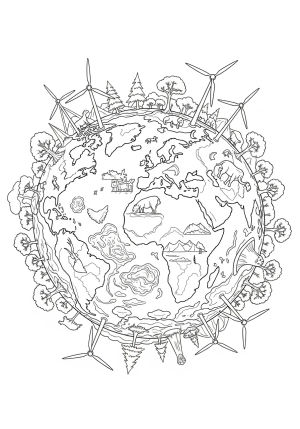 A detailed illustration of the Earth with trees, animals, and wind turbines surrounding it.