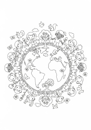 A scene of children planting trees and holding hands around the globe with natural elements like flowers and animals integrated into the design.