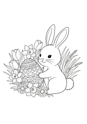 A cute bunny holding a decorated Easter egg surrounded by spring flowers and grass