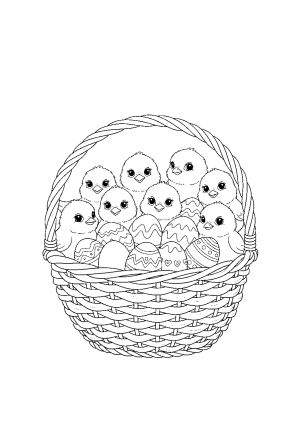 A joyful group of chicks peeking out from behind a large Easter basket filled with eggs and treats