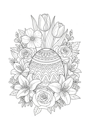 A hidden Easter egg nestled among blooming spring flowers with intricate patterns and leafy details